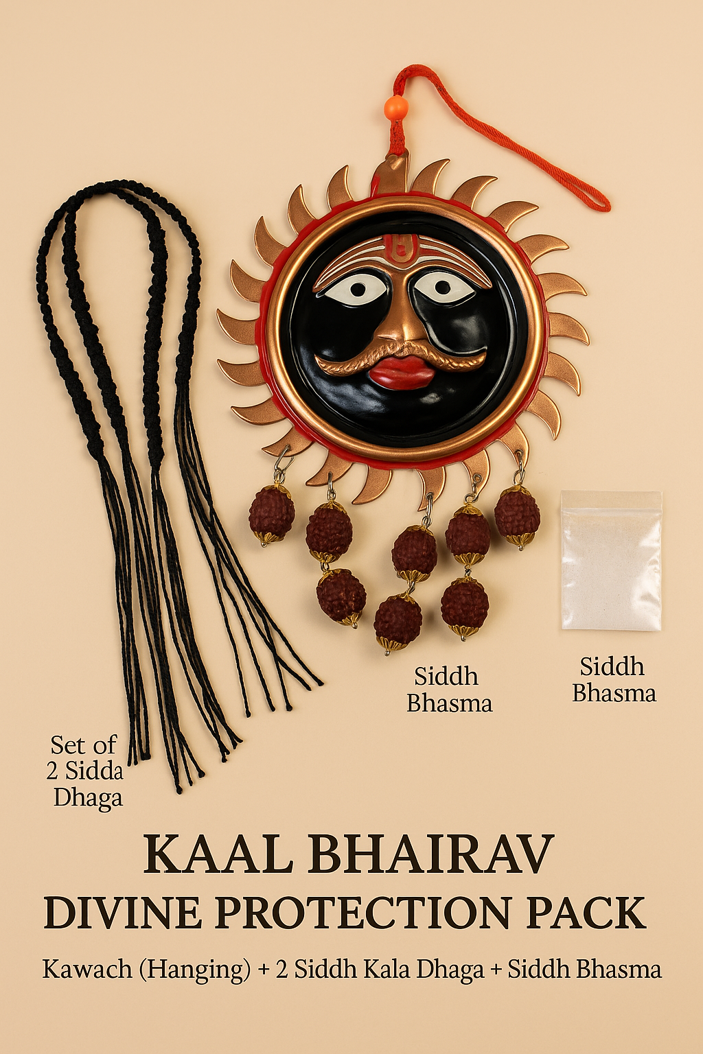 Kaal Bhairav Divine Protection Pack Sacred Combo: Kawach (Hanging) + 2 Siddh Kala Dhaga + Siddh Bhasma