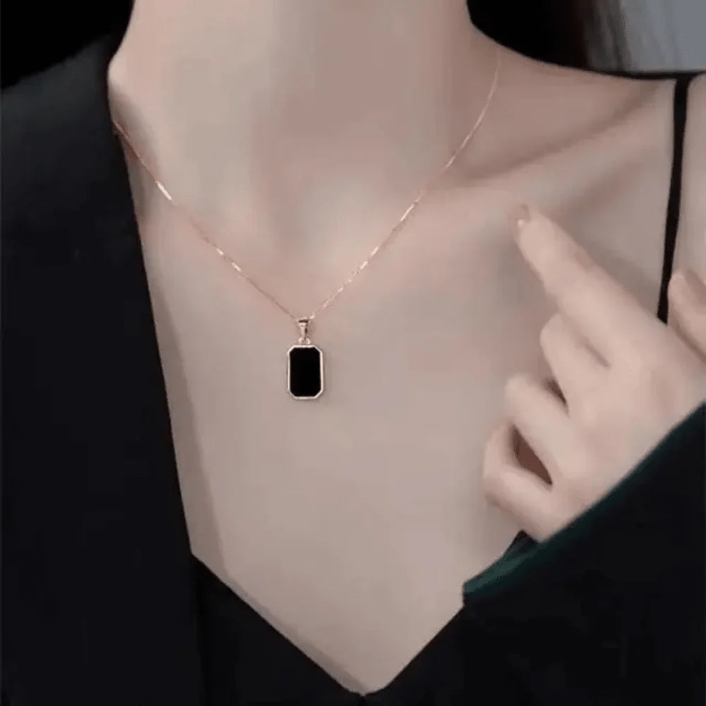 Korean Black Square Rectangle Necklace For Girls