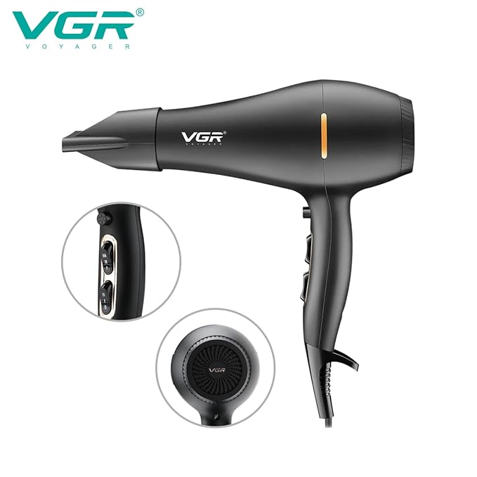 VGR V-433 Professional Salon Series Hair Dryer 1800-2200W AC Motor 3 Heat Setting (Hot/Cool/Warm) Independent Cool Shot Styling Comb Nozzle Concentrator Double Overheating Protection & 2 Speed