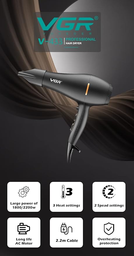 VGR V-433 Professional Salon Series Hair Dryer 1800-2200W AC Motor 3 Heat Setting (Hot/Cool/Warm) Independent Cool Shot Styling Comb Nozzle Concentrator Double Overheating Protection & 2 Speed