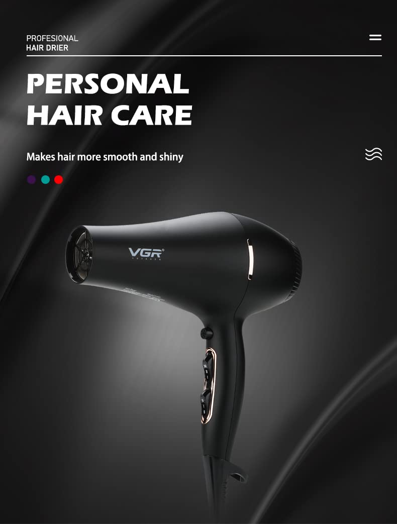 VGR V-433 Professional Salon Series Hair Dryer 1800-2200W AC Motor 3 Heat Setting (Hot/Cool/Warm) Independent Cool Shot Styling Comb Nozzle Concentrator Double Overheating Protection & 2 Speed