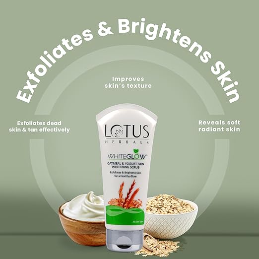 Lotus Herbals WhiteGlow Skin Brightening Oatmeal & Yogurt Scrub | Gentle Exfoliator | Removes Tan and Blackheads | Face Scrub for Women & Men | 100g