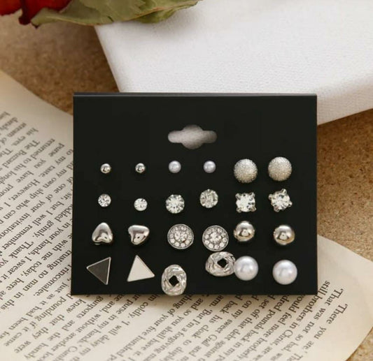 Pse Trending Korean 12 Stud Set Earrings - Silver