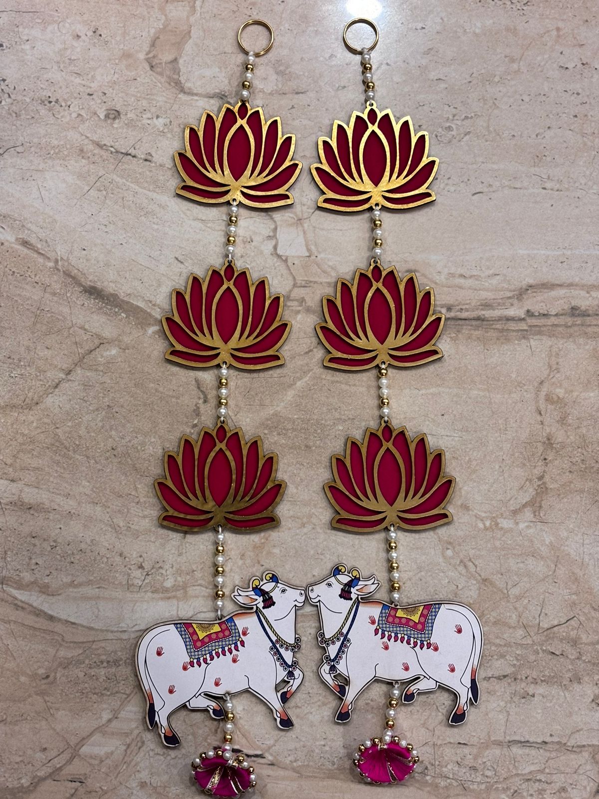 3 Tier Pink Lotus & Cow Wall Hanging latkan, Decorative Showpiece for Diwali -Pack of 2