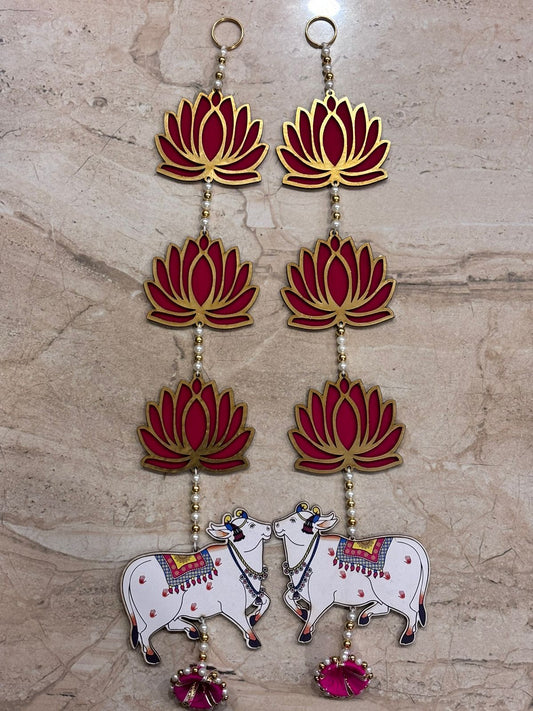 3 Tier Pink Lotus & Cow Wall Hanging latkan, Decorative Showpiece for Diwali -Pack of 2