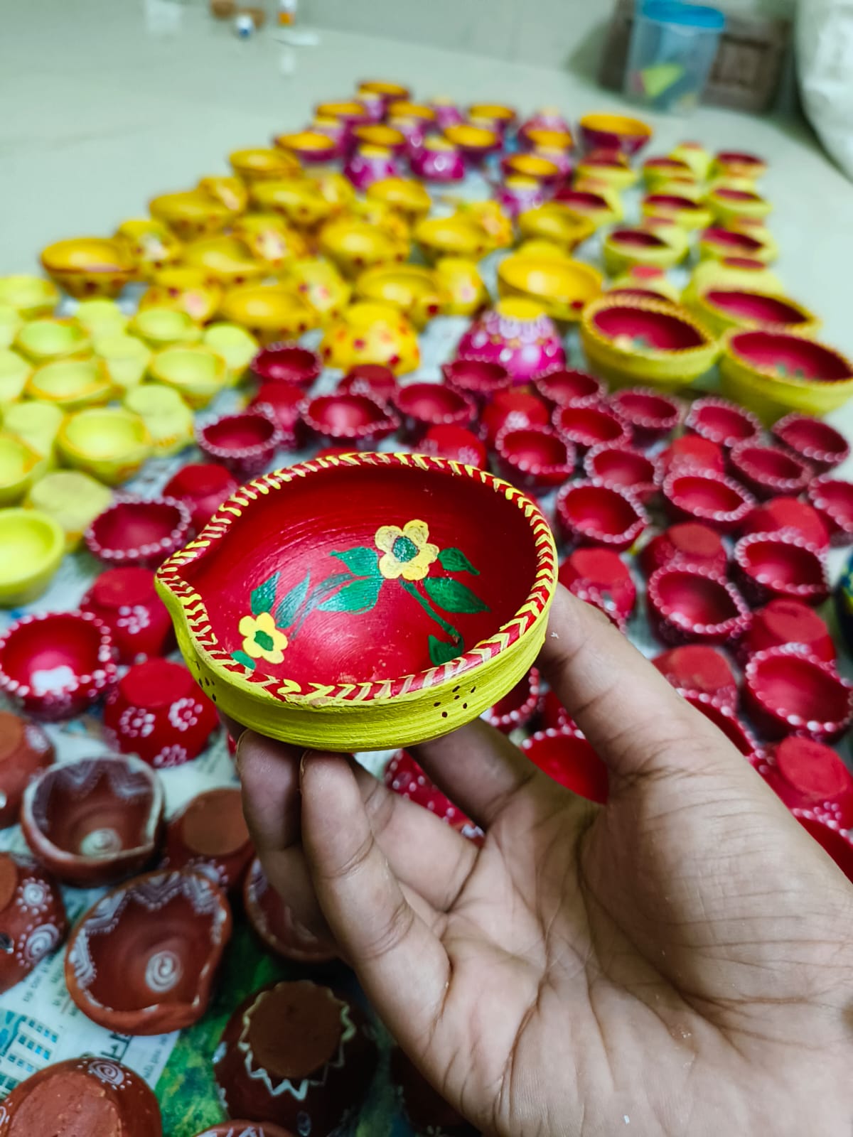 Beautiful Handpainted medium sized clay diyas (Flower) - SET 0F 4