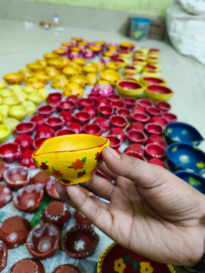 Handpainted medium sized clay diyas - Set of 4