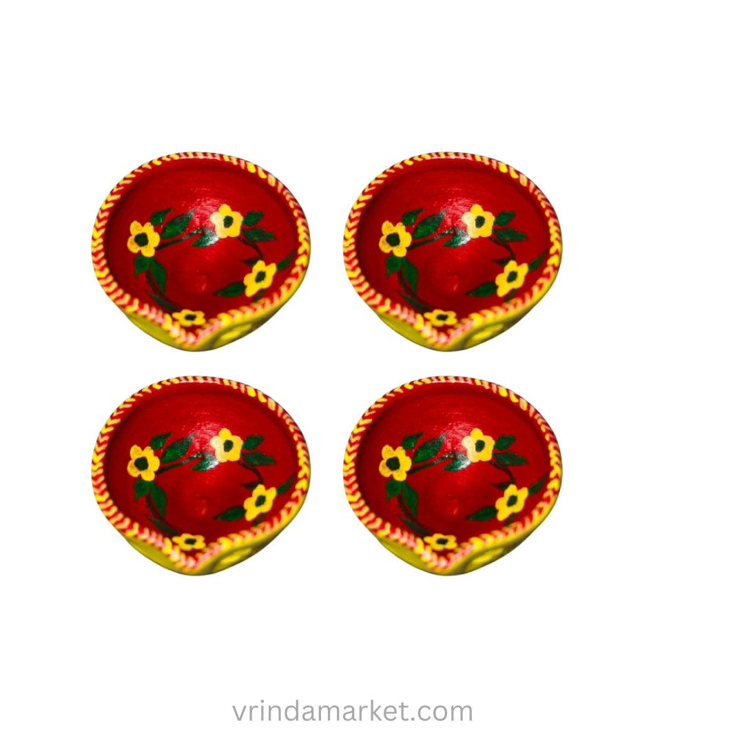 Beautiful Handpainted medium sized clay diyas (Flower) - SET 0F 4