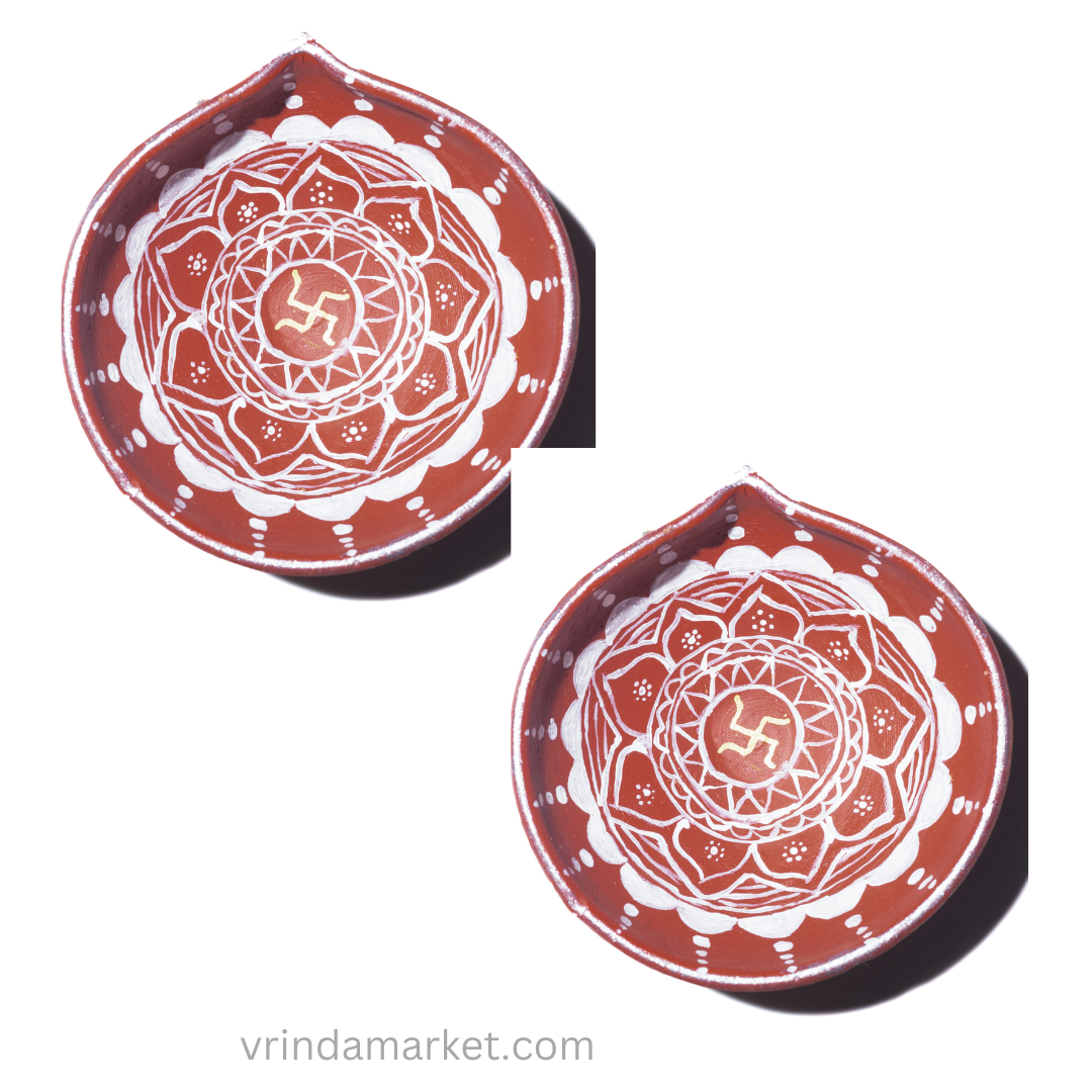 Handpainted swastik Clay diya - large size - SET OF 2